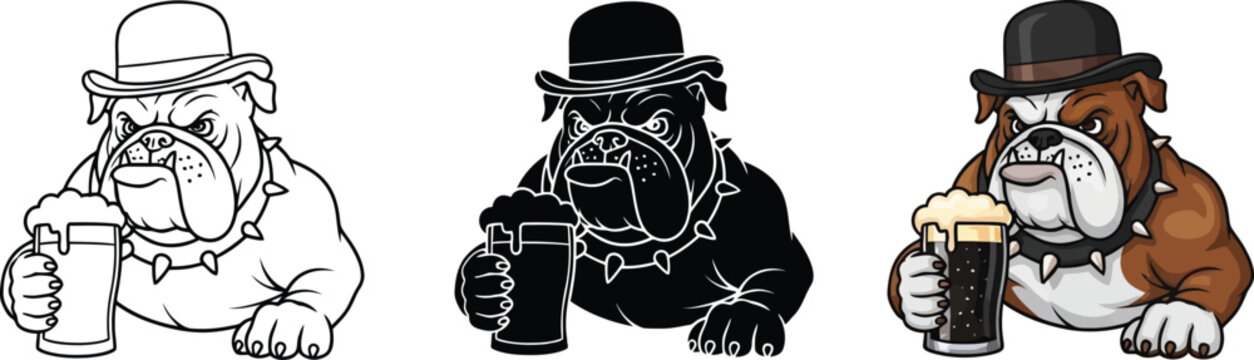 English bulldog character wearing a bowler hat and holding a beer pint presented in outline silhouette and color styles for pub or bar brand