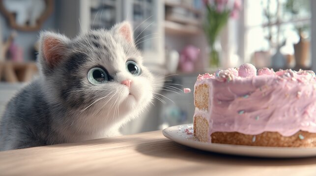 Adorable Fluffy Kitten Looking Hungrily at Pink Frosted Birthday Cake