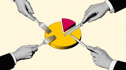 Business concept, teamwork, sharing, pie chart, hands with cutlery
