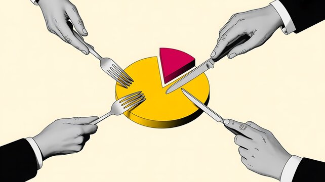 Business concept, teamwork, sharing, pie chart, hands with cutlery