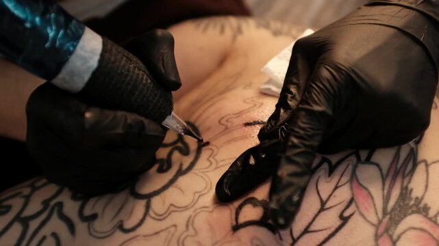 Close-up of a female tattoo artist in black latex gloves using a wireless rotary tattoo pen to ink a large, intricate floral and mandala design on a woman's upper back.