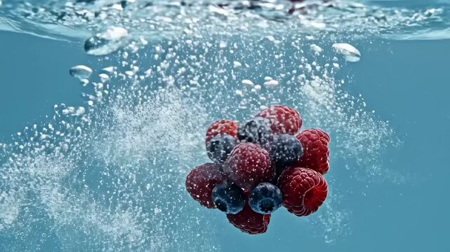 This video footage captures the stunning moment fresh raspberries and blueberries plunge into water, creating dynamic splashes and bubbles. Ideal for food and beverage projects.