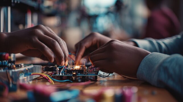 Detailed medium shot of students hands soldering circuits at workbench tools and 3D printer fading into blurred backdrop in STEM makerspace room.
