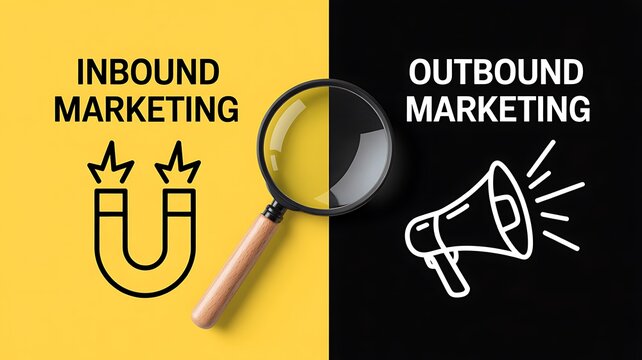 Marketing strategy concepts, inbound vs outbound, digital marketing icons, business illustration
