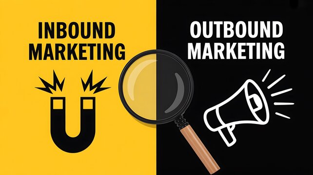 Marketing strategy concept, inbound vs outbound marketing, business illustration, digital advertising