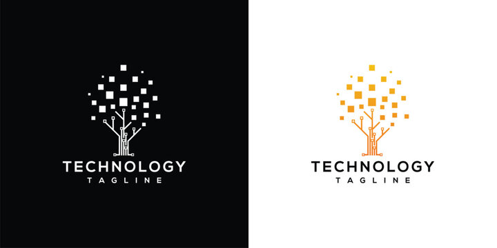 Digital Technology Tree Logo Design with Pixel Leaves and Circuit Branches