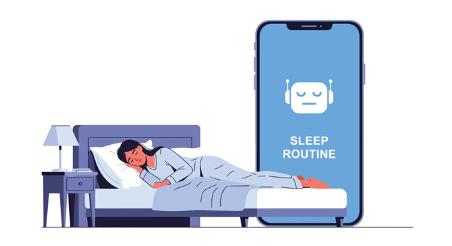 Flat style vector illustration of AI helping person manage sleep routine in bedroom at night, smart assistant improving rest and healthy lifestyle habits