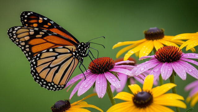 Monarch Butterfly Pollinating Pink Echinacea Flowers in Summer Garden