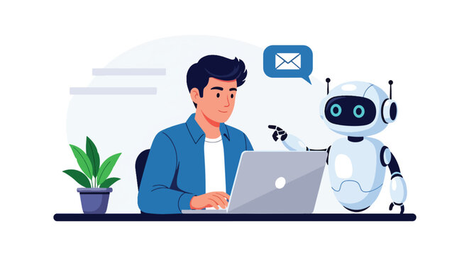 Flat style vector illustration of AI helping employee write email on computer, business communication and productivity with artificial intelligence concept