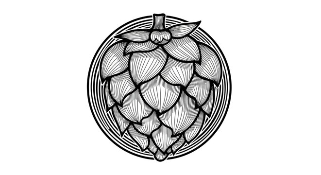 Detailed engraving style botanical hop cone illustration on white background