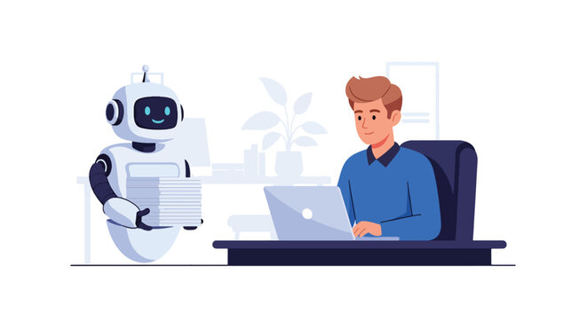 Flat style vector illustration of AI summarizing documents on laptop screen, smart content processing and productivity improvement using artificial intelligence tools