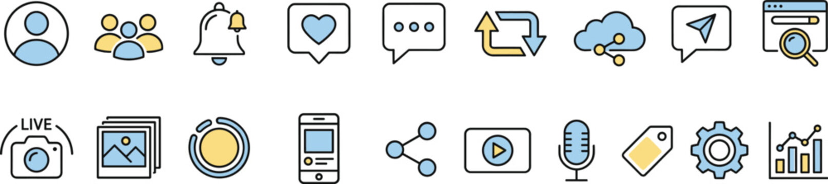 User interface and social media icons set including profile notification messaging camera analytics settings flat vector illustration collection