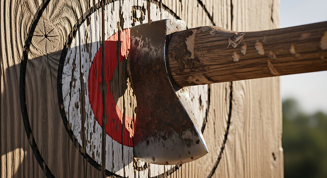 Close-up of axe striking a wooden target at an outdoor axe throwing competition event