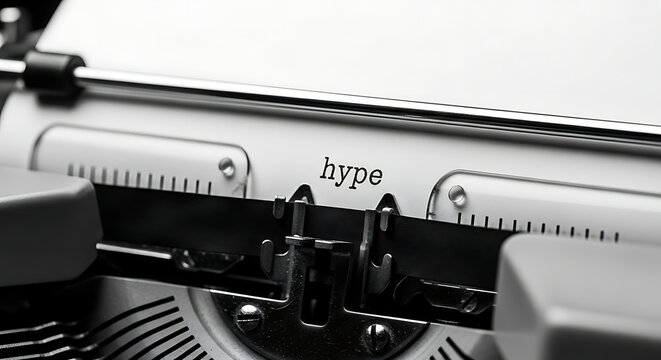The word hype typed on an old fashioned typewriter, promoting marketing and promotion