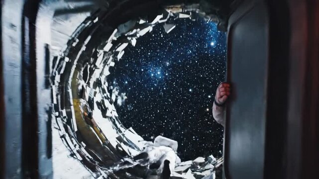 Astronaut in a full space suit with a golden visor preparing for a dangerous mission, pressing controls and toggles inside a cramped spacecraft cockpit with red warning lights