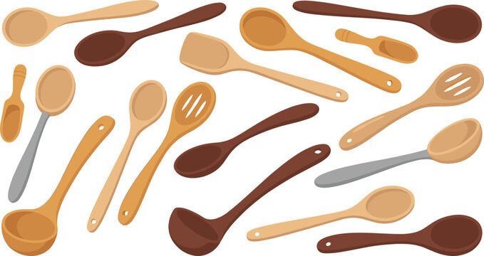 Wooden Kitchen Utensil Set Featuring Spoons, Spatulas, Ladles, and Cooking Tools for Food Preparation and Serving
