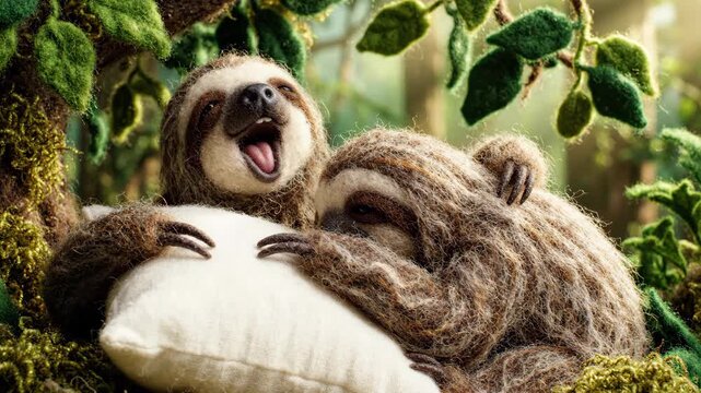 Two needle-felted sloths cuddling on a soft white pillow amid green moss and leaves, cozy handmade wool toys in a peaceful jungle-inspired studio still life