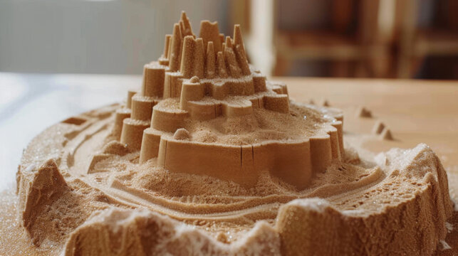 Intricately carved sandcastle on wooden surface with blurred background