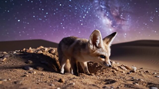Fennec fox emerges from desert burrow under starry night sky