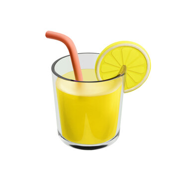 Lemon Cocktail 3d render cartoon glass. Summer lemonade, alcohol drink, refreshing beverage with straw and lemon slice, beach cold lemonade drink. Vector icon