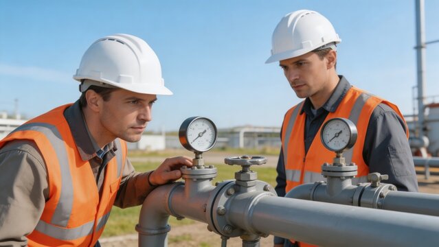Two workers in hard hats and safety vests inspect industrial pipes and gauges, ensuring everything is in working order.