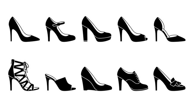 Women High Heels Shoes Silhouette Icons Collection, Fashionable Ladies Footwear Symbols, Stiletto Pumps Platforms Wedges and Sandals Vector Graphics Set