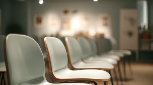 Focused shot on chairs aligned in rows in a wellness classroom projector light and demonstration objects in soft focus ideal for lecture settings