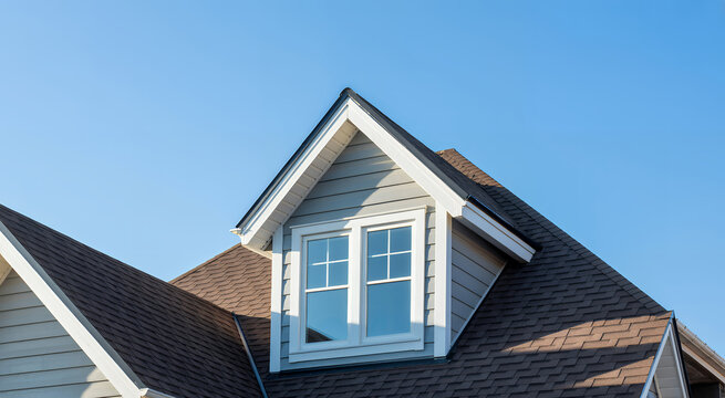 Close up view of a residential house roof with a dormer window against a clear blue sky