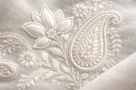 Authentic Traditional Lucknowi Chikankari White Shadow Work Embroidery on Sheer Muslin