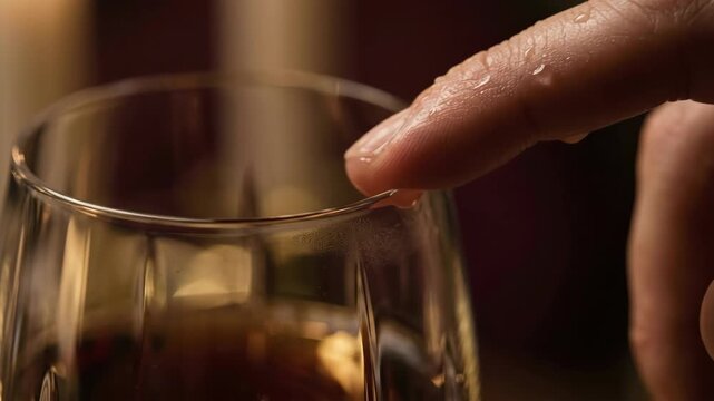 Wet finger touches the rim of a crystal glass, producing a resonant sound in a dimly lit, atmospheric setting, focusing on the sensory experience and tactile interaction