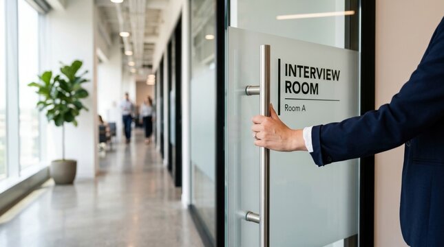 Man opening door to interview room office hallway busy with people walking past window with plants and chairs