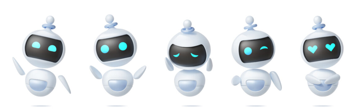 3d robot character. Cute ai mascot face, chat bot agent, happy digital hand app chatbot. Funny alien icon. Friendly assistant, technology support, communication interfaces. Vector isolated set