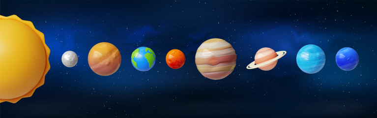 3d solar system. Planet sun and jupiter in universe space, realistic plastic surface with mars in galaxy. Earth, mercury and venus, cartoon render isolated elements. Vector background © SpicyTruffel