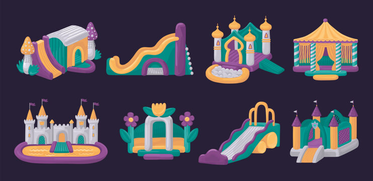 House slide. Bouncy water playground. Kid air jump trampoline or children balloon game park. Fun child equipment. Inflatable marquee. Party playroom. Vector amusement attractions set