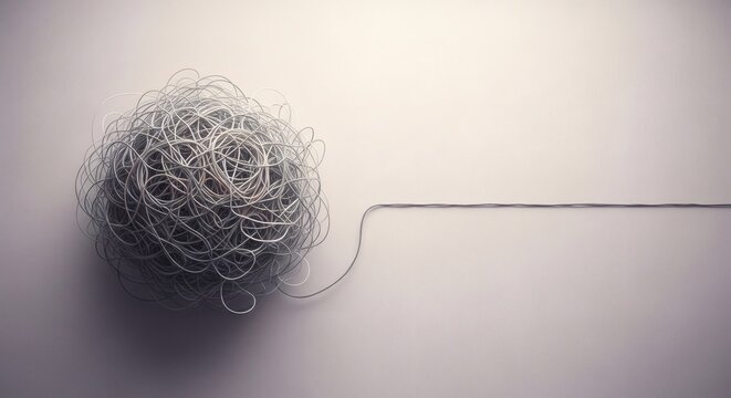 Tangled Ball of Wire with Single Unraveling Thread, Representing Complexity and Solutions perfect for Anxiety Awareness Month
