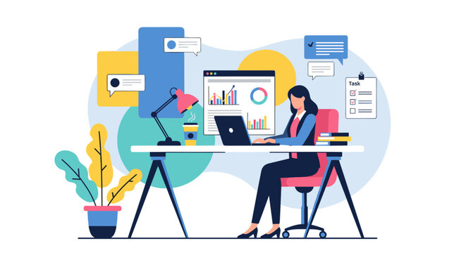 Professional woman diligently working on laptop at desk, analyzing charts and graphs, surrounded by communication bubbles, plant, and task list, symbolizing productivity and