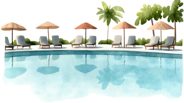 Tropical poolside oasis with lounge chairs and palm trees reflection