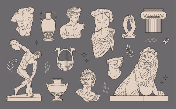 Classical sculpture icons set. Antique statues, busts and columns. Greek vases, with decorative motifs, art history roman symbols, museum exhibition and cultural vector isolated illustration