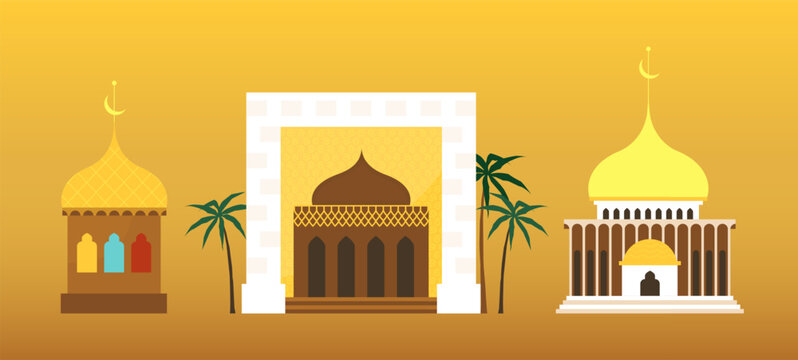 Desert heritage. Mosque buildings. Palm trees. Arabic culture. Morocco or Saudi landscape. Oriental city. Traditional temple or palace domes. Islamic architecture vector elements set