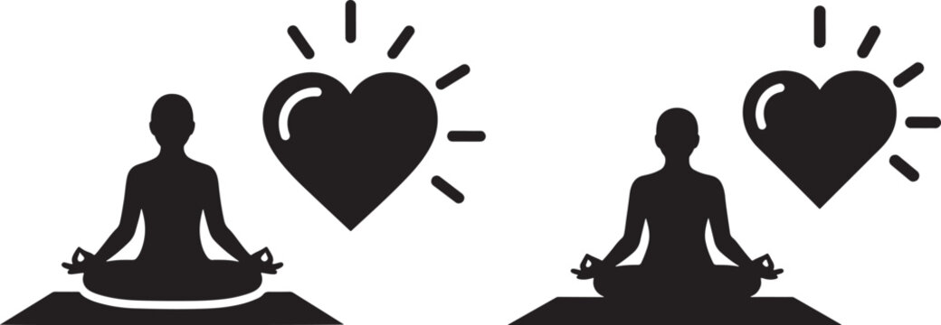 Silhouette of two people meditating with hearts and rays of light above them lotus position self care mental health body and mind spiritual growth positive energy positive vibes white