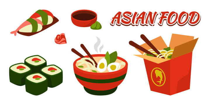 Food logo. Asian restaurant menu. Fastfood noodles box with chopsticks. Japanese sushi. Salmon sashimi. Ramen bowl. Wasabi and marinated ginger. Seafood eating. Vector oriental meals set