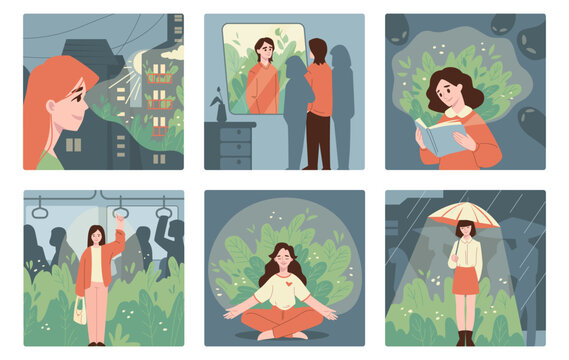Mental mind. Health care, woman self love as psychology wellbeing. Brain or heart healing, happy character with flowers. Girl emotional balance and meditating. Vector cartoon isolated set