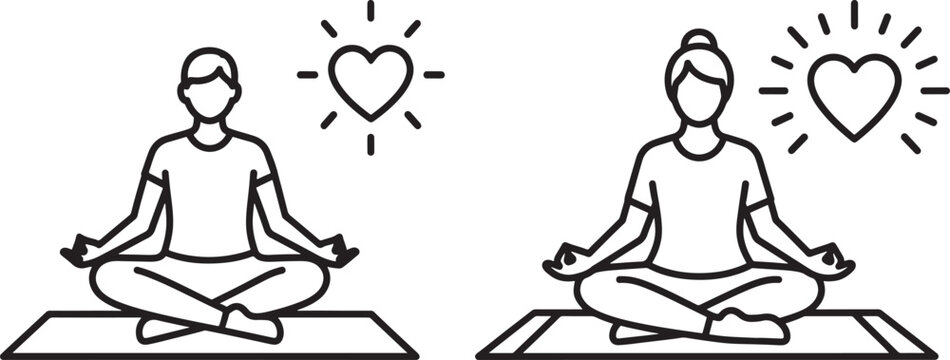 Line art icon of a man and woman meditating with glowing hearts lotus position self care mental health body and mind spiritual growth positive energy positive vibes white background wellness