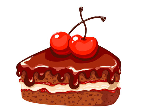 A delicious piece of chocolate cake with two cherries. The color image is isolated on white. Vector. Hand work, not AI.