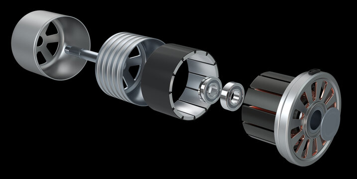 Brushless motor design isolated on black. 3d illustration