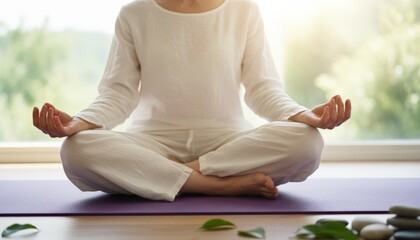 Fototapeta premium Seated Woman Practicing Calm Breathwork In Sunlit Window Alcove Relaxed White Clothing And Soft Cushions Frame A Gentle Morning Ritual Focused On Presence And Grounding. Close Crop Of Hands