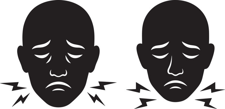 Head silhouette with pain and discomfort icons sore throat human head face silhouette pain icon illness icon medical icon headache icon sad face discomfort suffering sickness symptoms