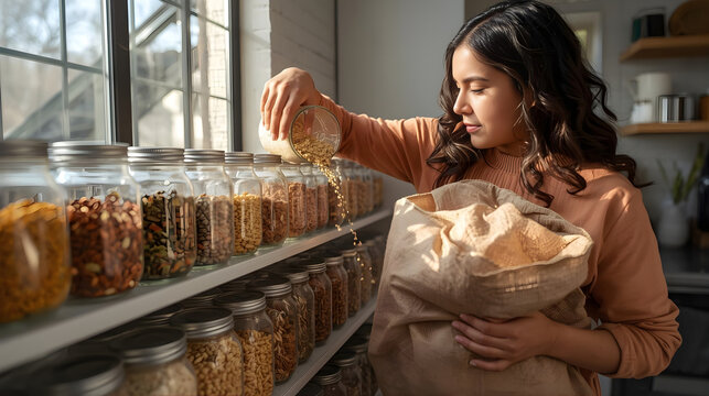Organized plastic-free pantry: Woman holding a glass jar of almonds in a sunlit kitchen with shelves full of bulk dry goods