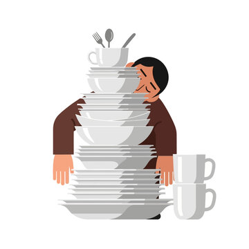 Overwhelmed Person Buried Under Stack of Dirty Dishes