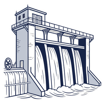 Illustration of a dam with water flowing out, a small building on top and a wheel on the side